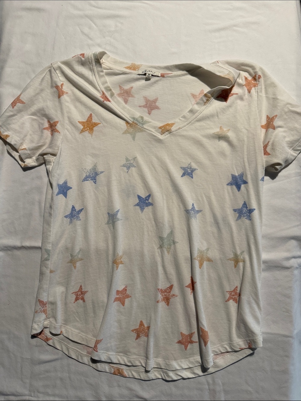 Z Supply Cream V-Neck Tee with Multicolor Star Print